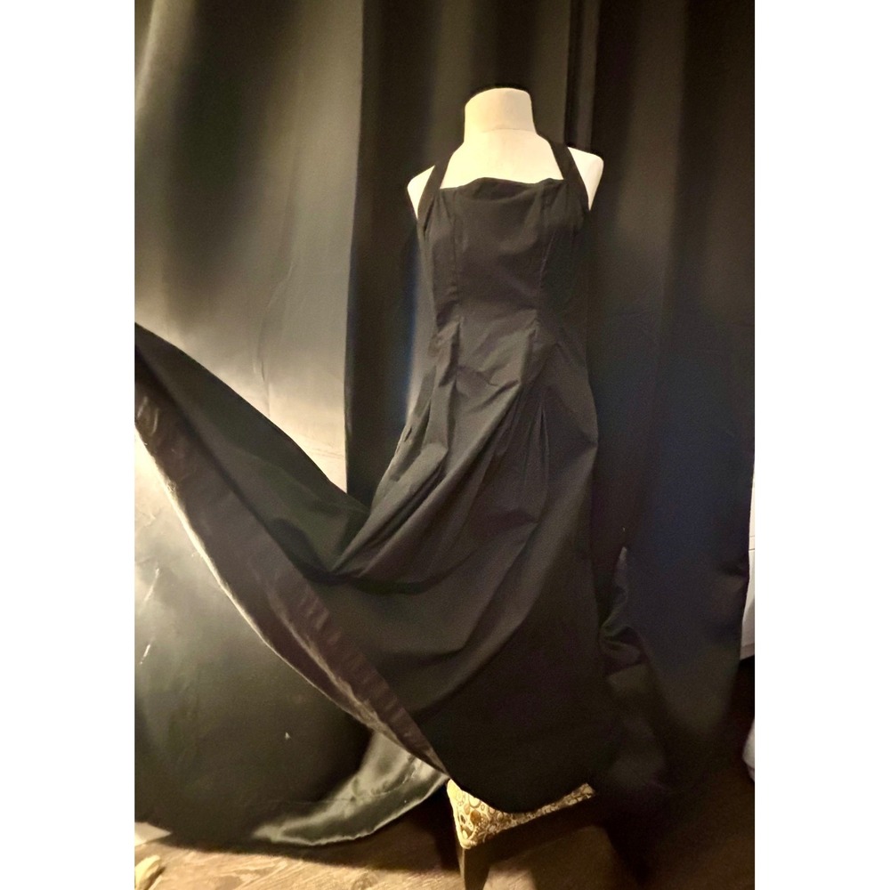 Black Halter Maxi Dress Square Neck Pleated A-Line Gown with Pockets
